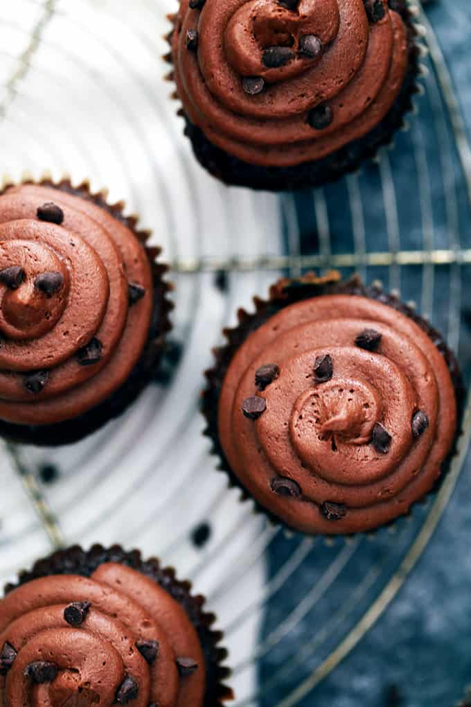 These Chocolate Chocolate Chip Zucchini Cupcakes are incredibly dreamy and you shouldn't go another minute without them in your life. A moist and decadent chocolate cupcakes is studded with chocolate chips and flecked with zucchini before being topped with a swirling mountain of my Dark Chocolate Buttercream Frosting and mini chocolate chips.
