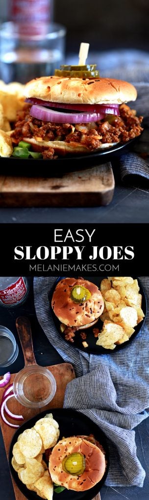 This Easy Sloppy Joes recipe is just that – EASY!  Skip the canned stuff and have this delicious homemade version on the table in just 40 minutes. #dinnerrecipes #sloppyjoes #beef #easyrecipe #sandwiches