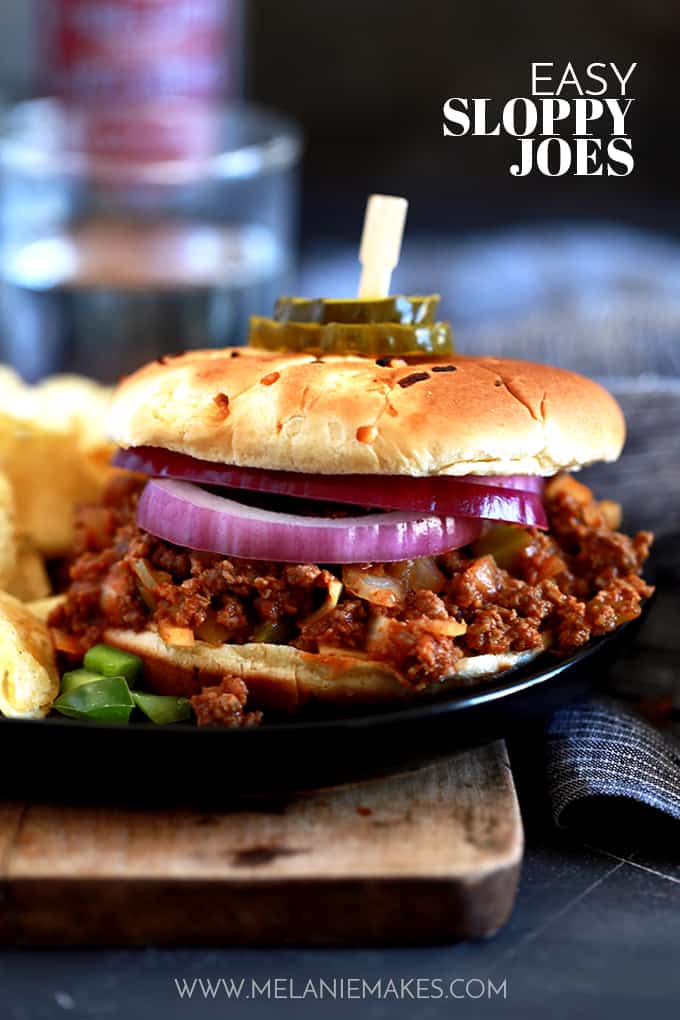 These Easy Sloppy Joes are just that - EASY! Â Ground beef is browned with diced onion and green pepper before being stirred together with a delicious tomato based sauce. Â Dinner will be on the table in 30 minutes - if you can wait for it to simmer that long! - and you'll wonder why you ever bought that canned stuff.Â 