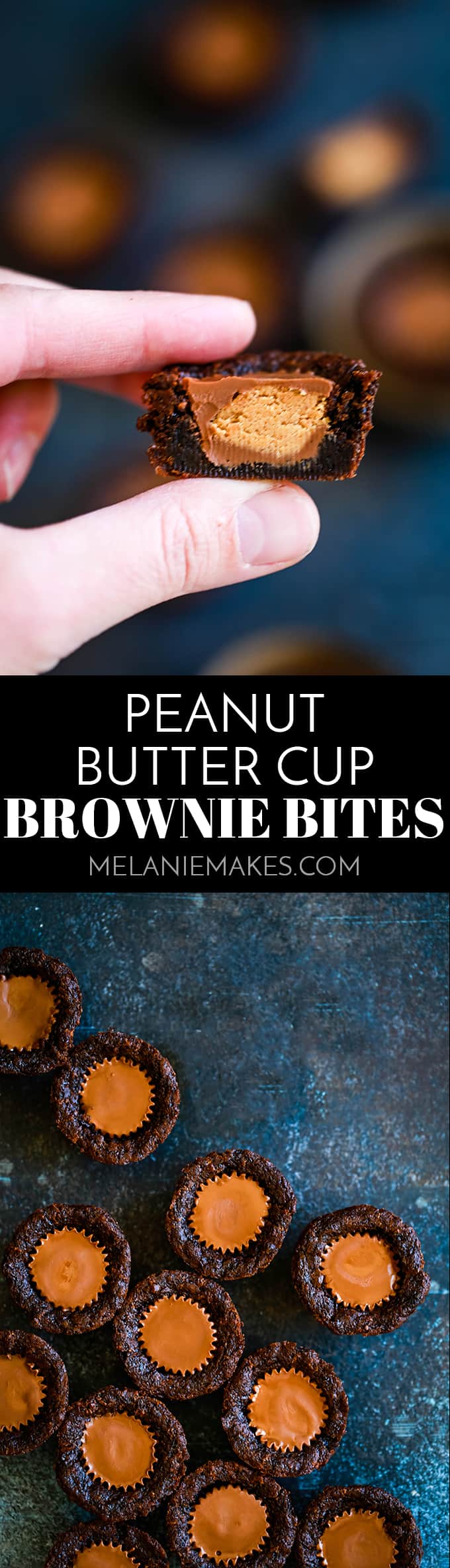 These one bite Peanut Butter Cup Brownie Bites take just 15 minutes to prepare and are sure to disappear just as quick! #peanutbutter #peanutbuttercups #brownies #chocolate #easyrecipe