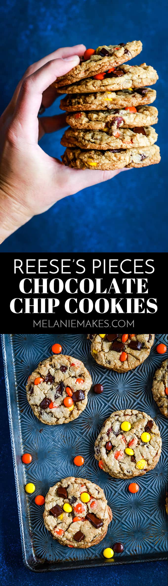 These soft and chewy Reese's Pieces Chocolate Chip Cookies are a peanut butter and chocolate lover's dream. A traditional chocolate chip cookie base is overloaded with chocolate and candy to create a cookie you won't soon forget. #chocolatechip #cookies #peanutbutter #candy #reesespieces