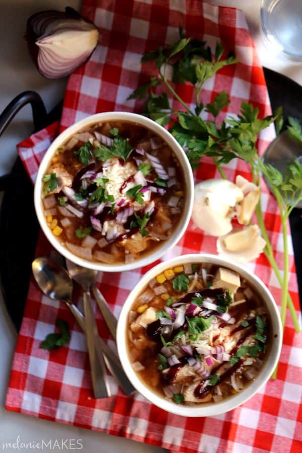 This is truly BBQ Chicken Pizza in soup form. Sweet and spicy BBQ sauce, chicken, red onions and cilantro come together with the addition of corn for a comforting bowl of goodness on a chilly autumn day.