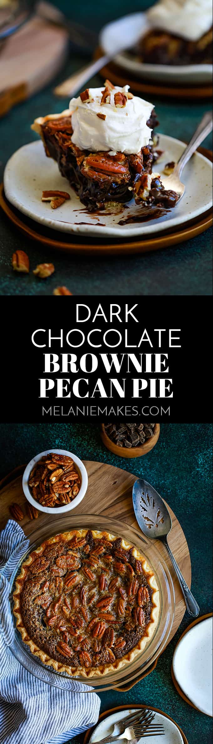 Forget the traditional!  Chocolate chips, brownie batter and hot fudge sauce form the base of this absolutely amazing Dark Chocolate Brownie Pecan Pie. #pecanpie #pie #chocolate #brownies #thanksgiving #christmas #desserts #easydessert