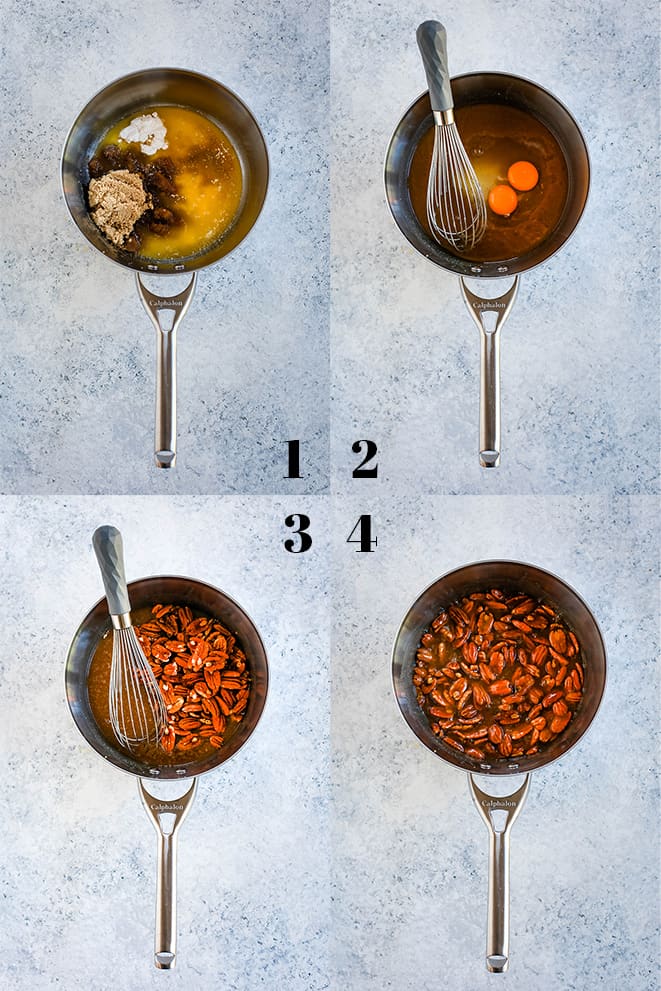 Step by step photos of how to create Dark Chocolate Brownie Pecan Pie on a white speckled background, steps 1-4.