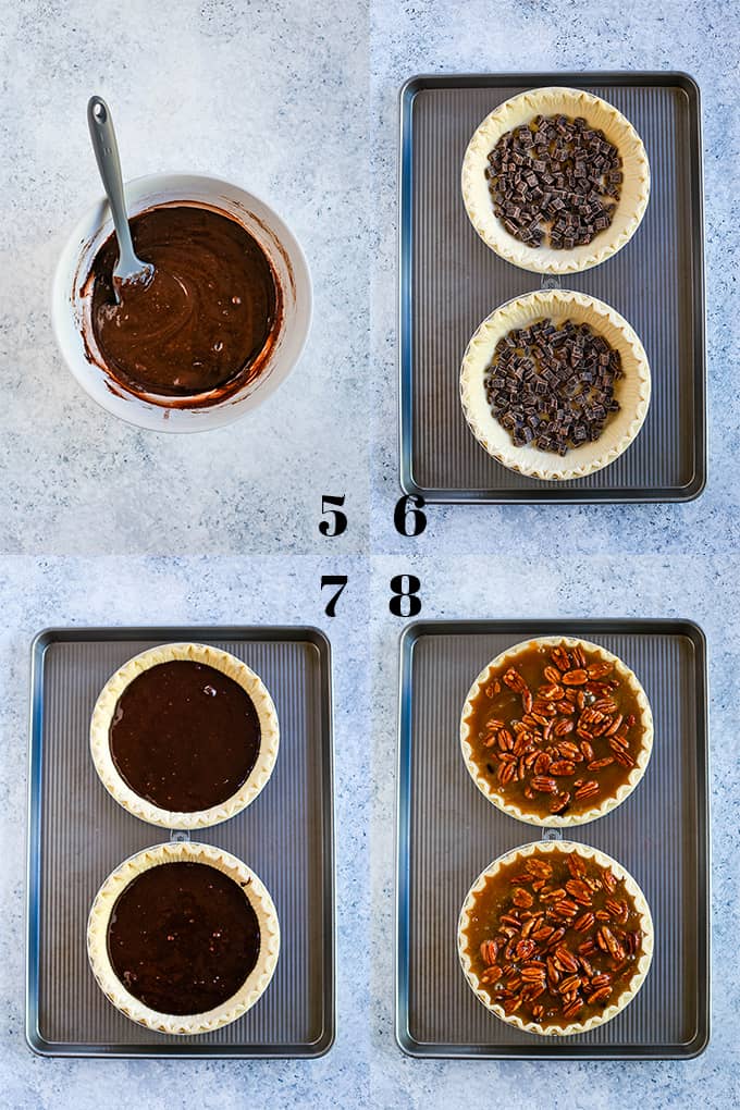 Step by step photos of how to create Dark Chocolate Brownie Pecan Pie on a white speckled background, steps 5-8.