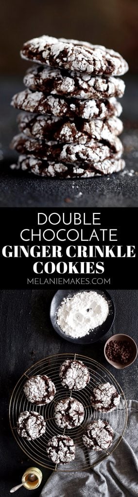 These six ingredient Double Chocolate Ginger Crinkle Cookies take just 20 minutes from mixing bowl to you enjoying them with a tall glass of milk. A dark chocolate cake mix is studded with miniature chocolate chips and spiced with ground ginger. The perfect holiday flavor combination - perfect for cookie exchanges! #cookies #christmascookies #chocolate #holiday #christmas #ginger