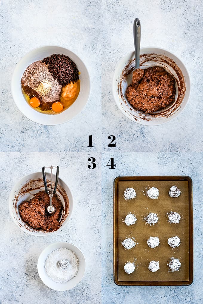 Step by step photos of how to create Double Chocolate Ginger Crinkle Cookies.