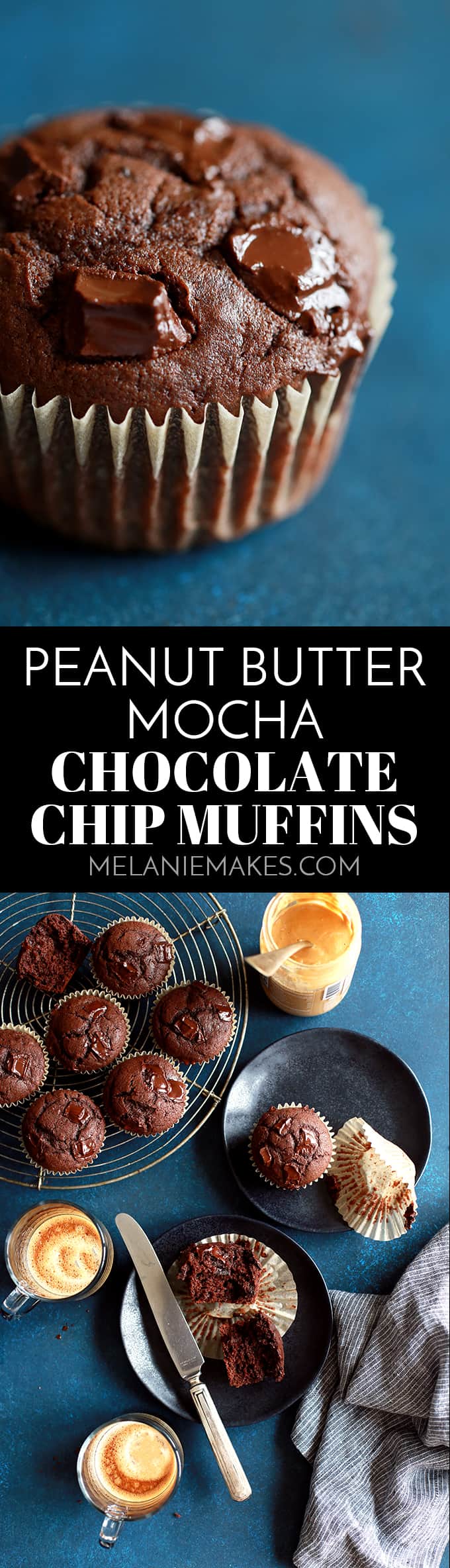 These Peanut Butter Mocha Chocolate Chip Muffins are the perfect indulgence!  A super moist peanut butter and mocha muffin studded with chocolate chips. #peanutbutter #mocha #chocolatechip #muffins #easyrecipe #breakfast