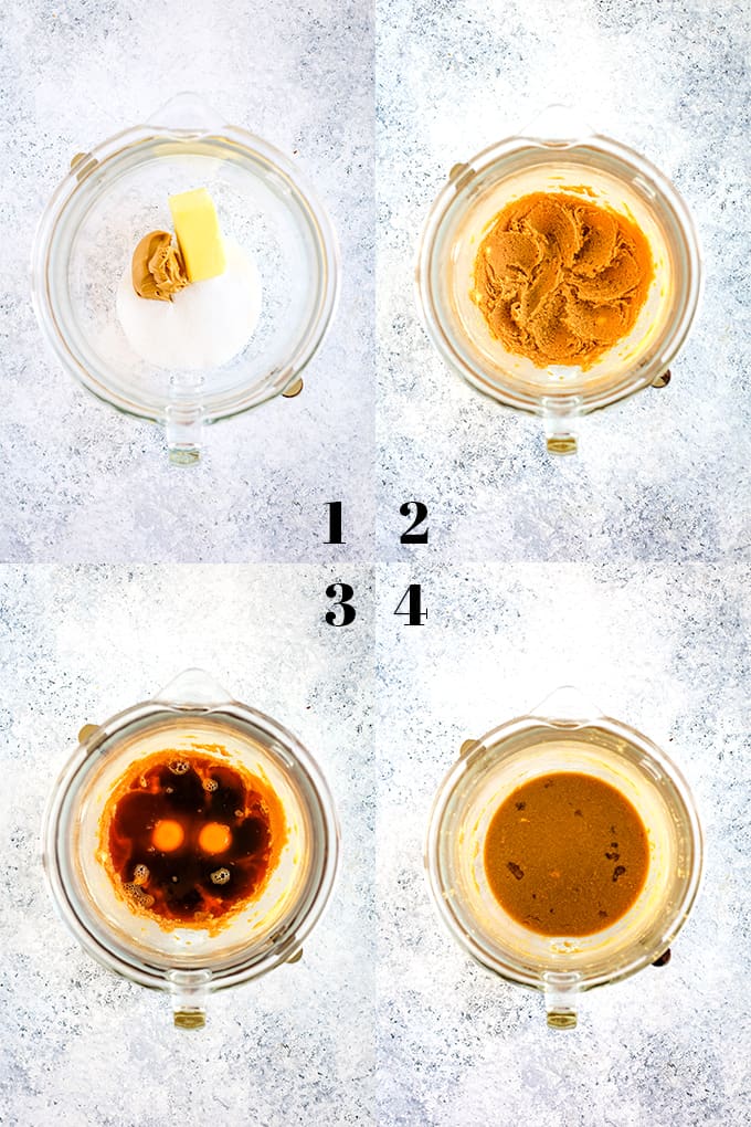 How to prepare Peanut Butter Mocha Chocolate Chip Muffins, steps 1-4.