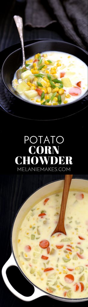 Carrots, potatoes and celery are stirred together with a creamy, comforting rue and corn to create a quick and easy Potato Corn Chowder. Each bowl is garnished with additional corn, green onions and cheddar cheese to provide a contrast in texture that keeps you returning to your bowl for just one bite.
