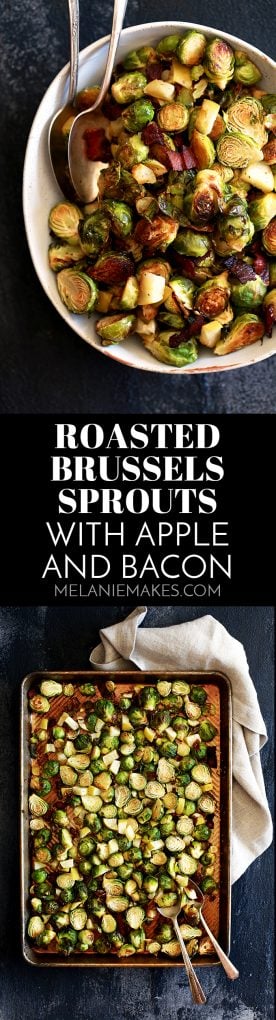 These Roasted Brussels Sprouts with Apple and Bacon will become a Thanksgiving dinner staple.  A simple, yet satisfying, holiday - or anytime! - side dish.   #brusselssprouts #thanksgiving #christmas #sidedish #apples #bacon