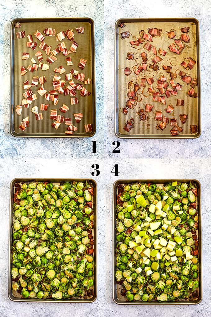 How to prepare Roasted Brussels Sprouts with Apple and Bacon, steps 1-4.