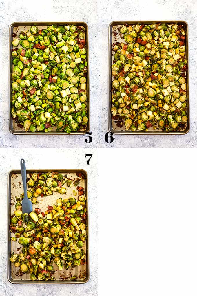 How to prepare Roasted Brussels Sprouts with Apple and Bacon, steps 5-7.