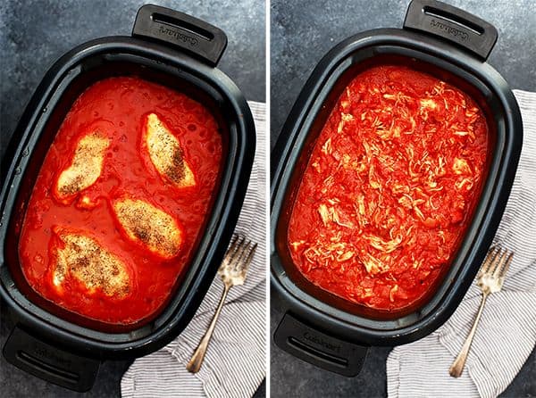 These Slow Cooker Chicken Parmesan Sandwiches take just 10 minutes to prepare and are the definition of true comfort food. A hearty tomato sauce imparts it's amazing flavor to the chicken while ooey, gooey, melty cheese is the perfect finishing touch.