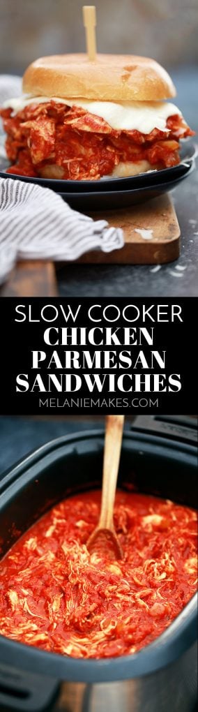 These Slow Cooker Chicken Parmesan Sandwiches take just 10 minutes to prepare and are the definition of true comfort food. A hearty tomato sauce imparts it's amazing flavor to the chicken while ooey, gooey, melty cheese is the perfect finishing touch.
