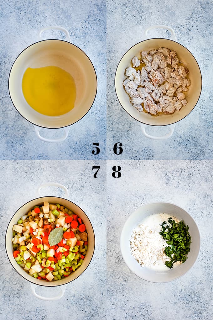 Step by step photos of how to create Easy Chicken and Dumpling Soup, steps 5-8.