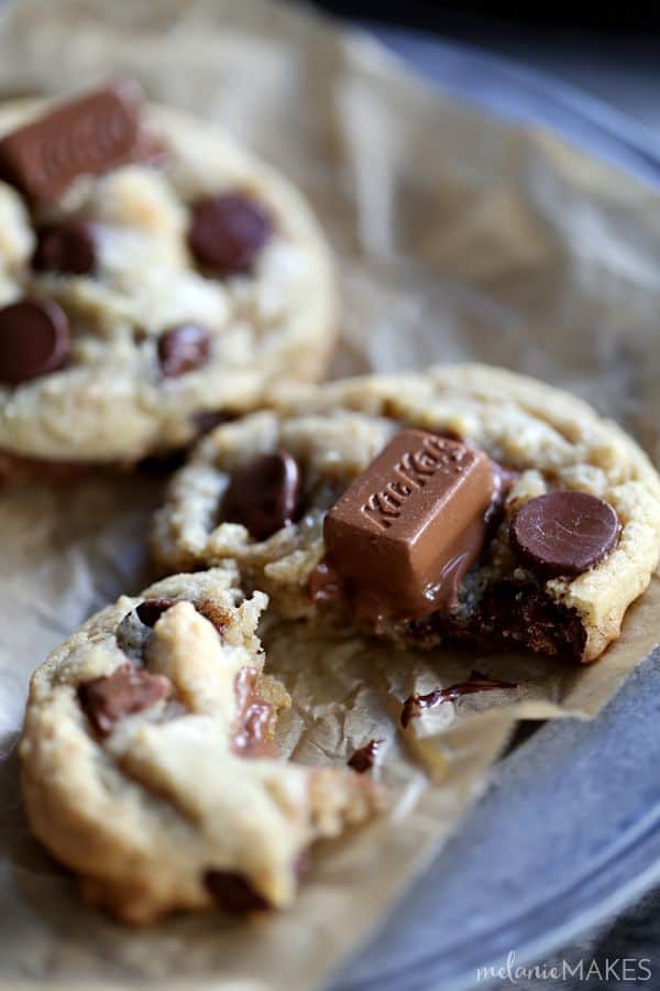 If you love Kit Kats, and you love chocolate, you'll no doubt adore these Kit Kat Chocolate Chip Cookies. With three cups total of both ingredients, the cookie dough itself is really just holding all the chocolate and candy together.