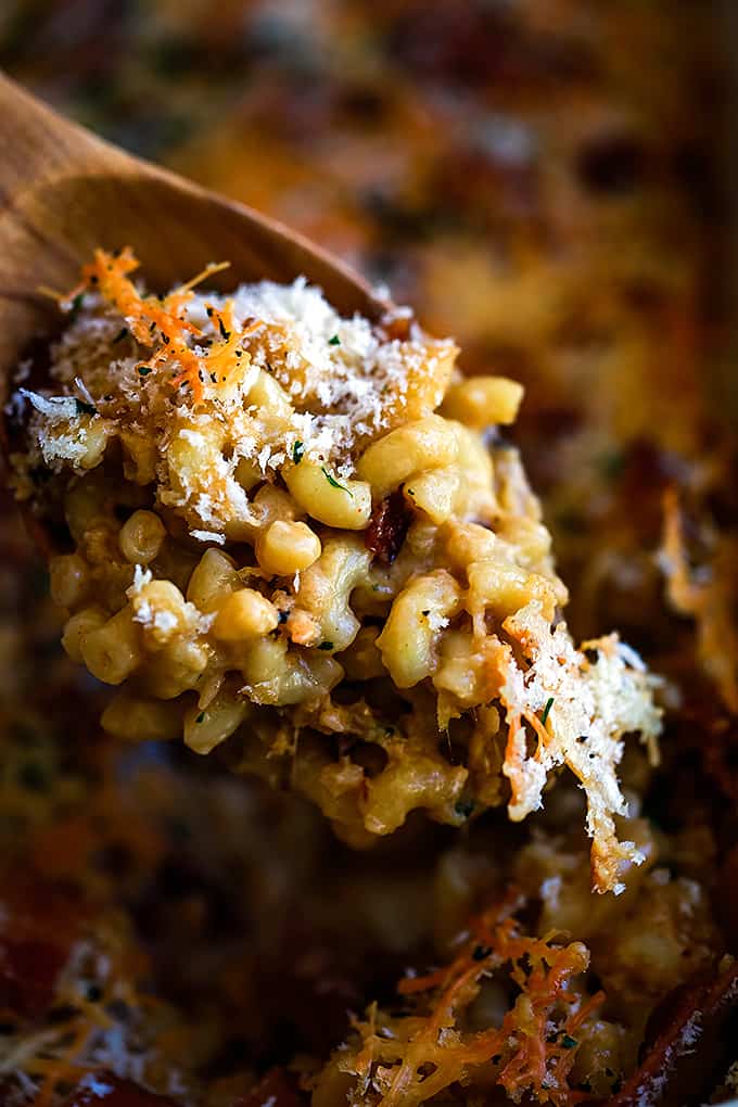 A wooden spoon full of Bacon Crusted Beer Mac and Cheese.