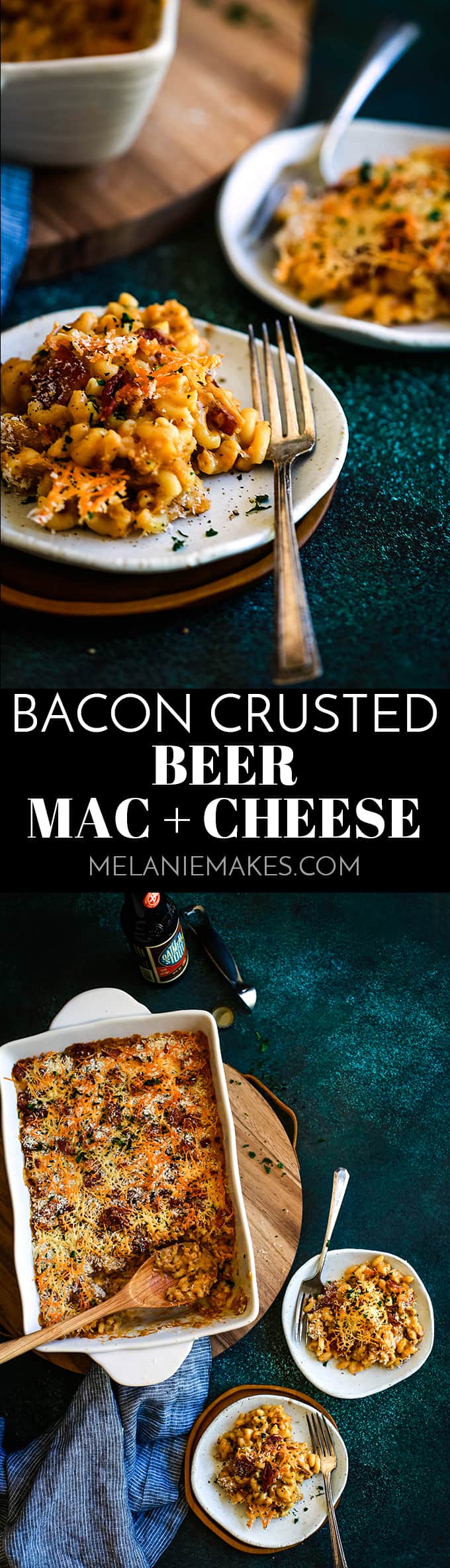This Bacon Crusted Beer Mac and Cheese is a double cheesy pasta bathed in a beer sauce and topped with a cheese and bacon crust.  Total comfort food! #bacon #beer #macaroni #pasta #cheese #comfortfood #easyrecipe #bacon