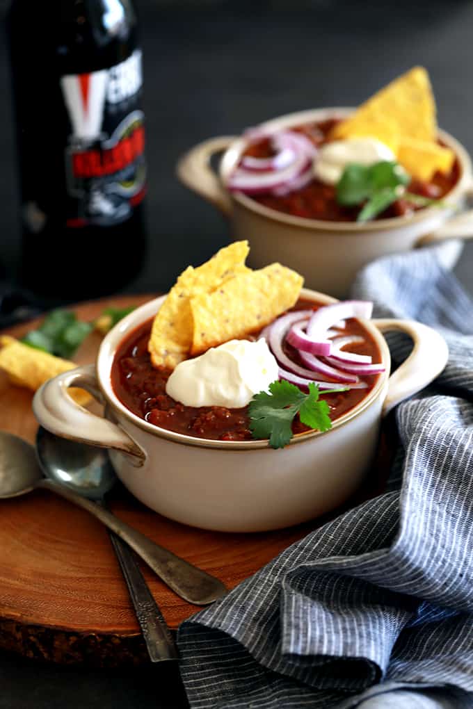 No beans required!  This Beer Braised Beanless Chili is made with ingredients you always keep on hand which makes it perfect for dinner any night of the week.  The rich tomato base is highlighted by the addition of your favorite beer that is allowed to cook down and bring a depth of flavor not found in other recipes.  