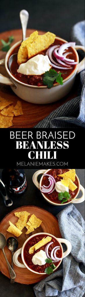 No beans required!  This Beer Braised Beanless Chili is made with ingredients you always keep on hand which makes it perfect for dinner any night of the week.  The rich tomato base is highlighted by the addition of your favorite beer that is allowed to cook down and bring a depth of flavor not found in other recipes.  