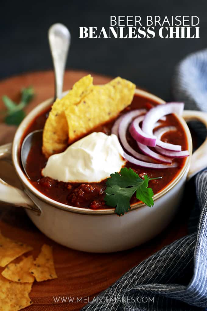 No beans required!  This Beer Braised Beanless Chili is made with ingredients you always keep on hand which makes it perfect for dinner any night of the week.  The rich tomato base is highlighted by the addition of your favorite beer that is allowed to cook down and bring a depth of flavor not found in other recipes.  