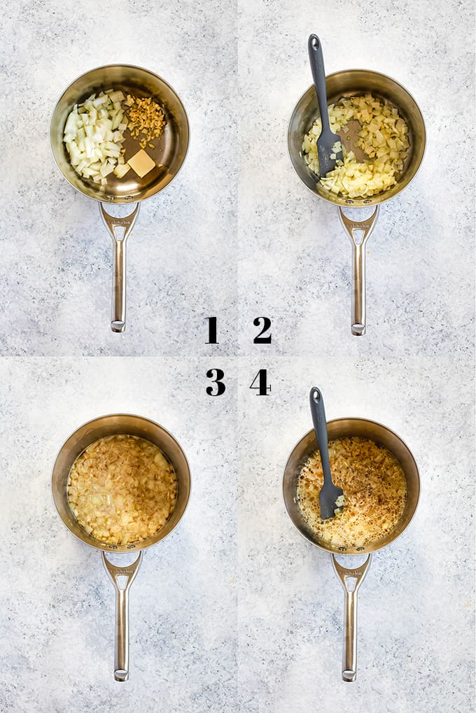 Step by step photos of how to create Beer Cheese Fondue, steps 1-4.