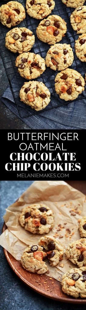 These hearty Butterfinger Oatmeal Chocolate Chip Cookies are a chocolate and candy bar lover's dream. Loaded with oatmeal, chunks of candy bar and studded with chocolate chips, they're a cold glass of milk's perfect companion.