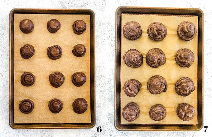 Chocolate Cream Puff dough piped onto a parchment lined baking sheet and baked Chocolate Cream Puffs on a parchment lined baking sheet.