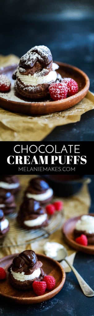 Chocolate Cream Puffs are NOT hard to make and I'll prove it!  With just 15 minutes of prep time, you can create this show stopping dessert that's guaranteed to turn heads. #chocolate #creampuff #raspberry #chocolaterecipes #pastry #easydessert
