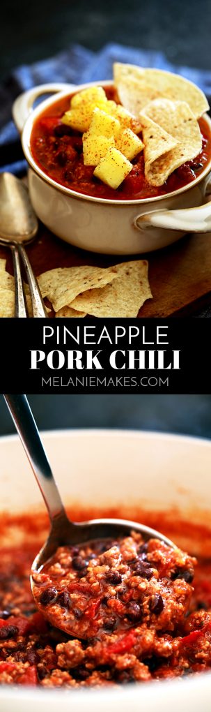 A garnish of fresh pineapple makes for the ultimate combination of sweet and smoky in this Pineapple Pork Chili.  Ground pork, pineapple salsa, fire roasted tomatoes and black beans mingle together to create a one of a kind, unforgettable chili. #pineapple #pork #chili #soup #comfortfood #easyrecipe #dinnerrecipes
