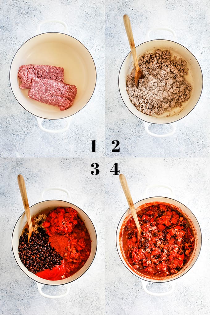Step by step instructions on how to create Pineapple Pork Chili, steps 1-4.