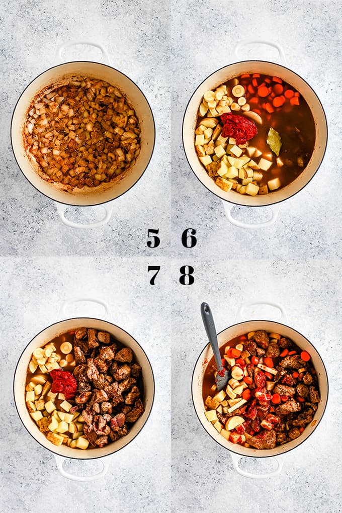 Step by step photos of how to create Stout Beer Beef Stew, steps 5-8.