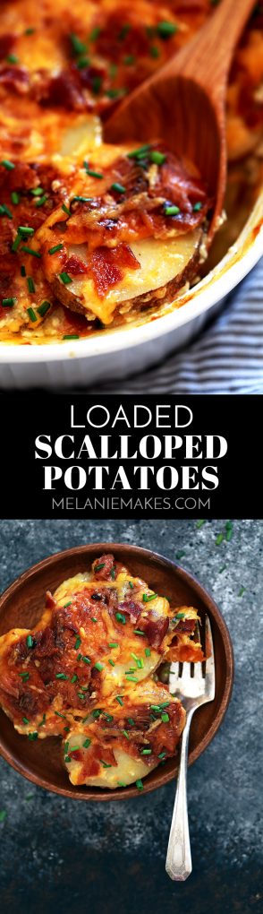 These Loaded Scalloped Potatoes are sure to steal the show at your dinner table.  It takes just 15 minutes to prepare this comforting side dish layered with butter, chives, bacon and cheddar cheese. #scallopedpotatoes #bacon #sourcream #sidedish #potatoes