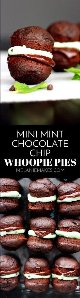 These Mini Mint Chocolate Chip Whoopie Pies are the perfect bite sized treats for St. Patrick's Day or any day of the year. A rich chocolate ganache and cool mint chocolate chip cream are sandwiched between two dark chocolate cakes. 