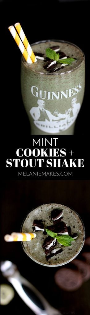 This five ingredient Mint Cookies and Stout Shake is perfect for St. Patrick's Day or any other day you'd like! Create your own adult milkshake featuring your favorite stout beer, Irish cream, mint chocolate chip ice cream and chocolate sandwich cookies.