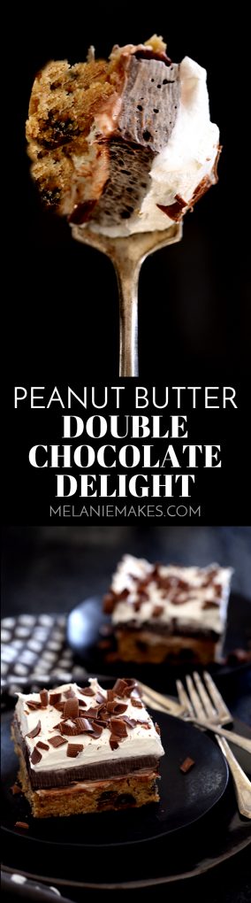 This Peanut Butter Double Chocolate Delight is a new spin on a family favorite that will have you coming back for seconds. A three-in-one dessert. Part peanut butter chocolate chip cookie, part cheesecake, part chocolate pie. #peanutbutter #chocolate #easydessert #chocolatedelight