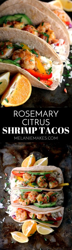 Flour tortillas topped with the crunch of fresh vegetables and delicious sautéed shrimp.  These Rosemary Citrus Shrimp Tacos are not only the most flavorful tacos you've ever made, but the only ones have taken just 15 minutes to prepare. #rosemary #citrus #orange #tacos #tacotuesday #tortilla