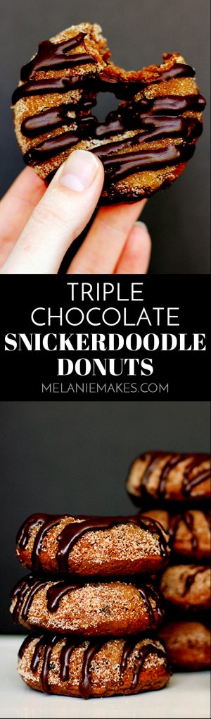 These Triple Chocolate Snickerdoodle Donuts are a perfect treat any time of day!  A dreamy combination of part breakfast treat, part cookie.  A cocoa and cinnamon infused donut studded with chocolate chips, dusted in cinnamon sugar and then drizzled with dark chocolate. #chocolate #snickerdoodle #donut #breakfast #brunch