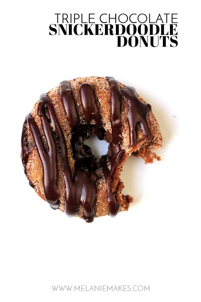 These Triple Chocolate Snickerdoodle Donuts are a perfect treat any time of day!  A dreamy combination of part breakfast treat, part cookie.  A cocoa and cinnamon infused donut studded with chocolate chips, dusted in cinnamon sugar and then drizzled with dark chocolate.   