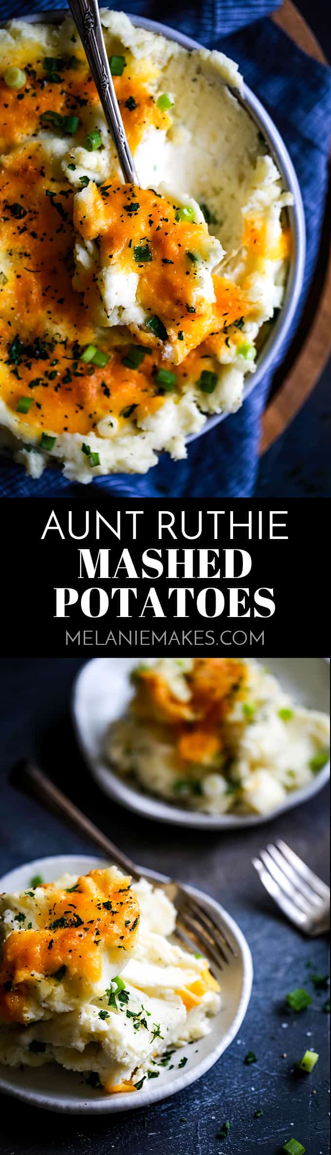 Cream cheese, butter, yogurt, green onions and cheddar cheese create these fluffy clouds known better as (Make Ahead) Aunt Ruthie Mashed Potatoes. #makeahead #slowcooker #mashedpotatoes #sidedish #thanksgiving #christmas #easter