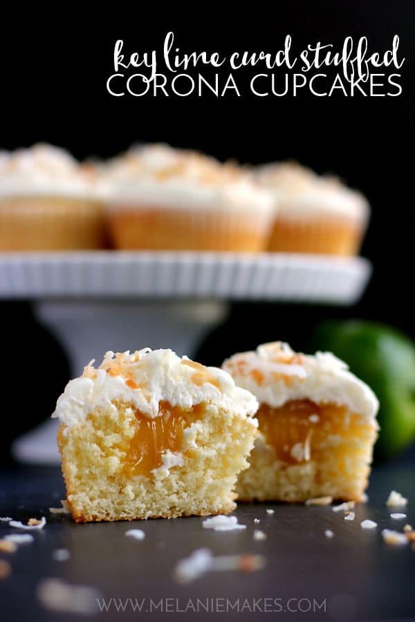 These Key Lime Curd Stuffed Corona Cupcakes with Coconut Buttercream frosting are perfect for Cinco de Mayo or anytime you're ready to celebrate. A Corona spiked cupcake stuffed with Key Lime curd and topped with coconut buttercream and toasted coconut. It's a drink! It's a dessert! It's a fiesta in a cupcake wrapper! 
