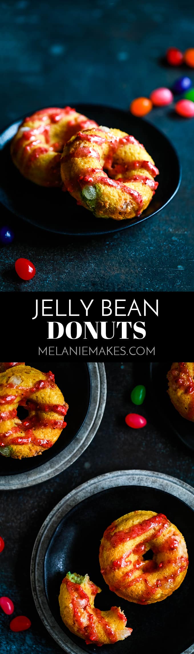 These Jelly Bean Donuts are studded with jelly beans and drizzled with a strawberry glaze.  The perfect treat starring candy from your Easter basket! #easter #jellybean #candy #breakfast #donutparty #brunch #easyrecipe