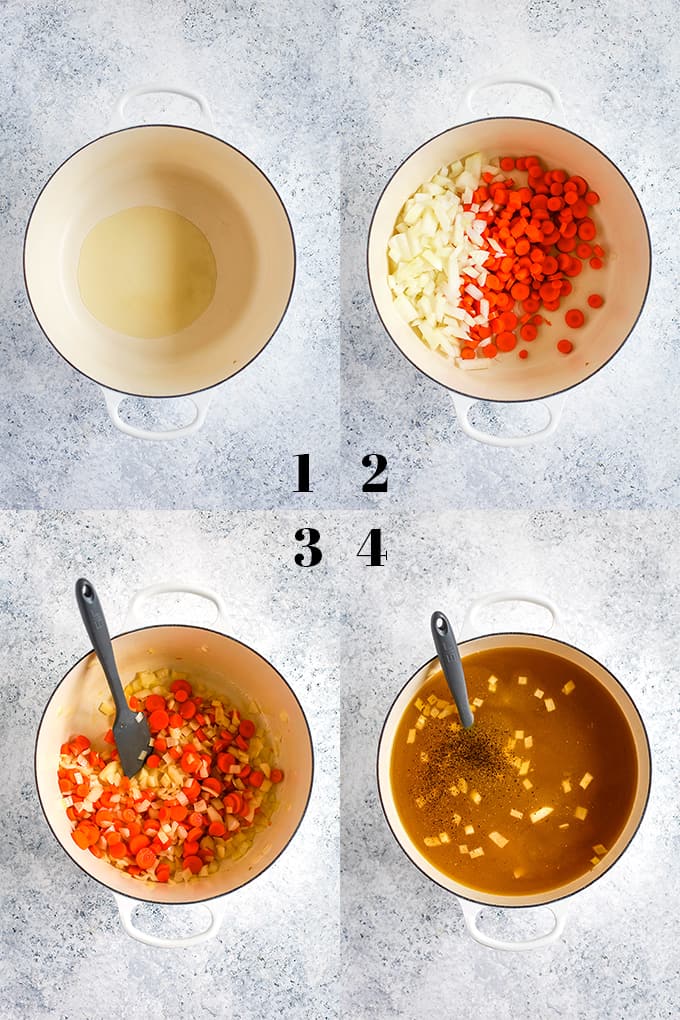 How to make Lemon Dill Chicken Noodle Soup, steps 1-4.