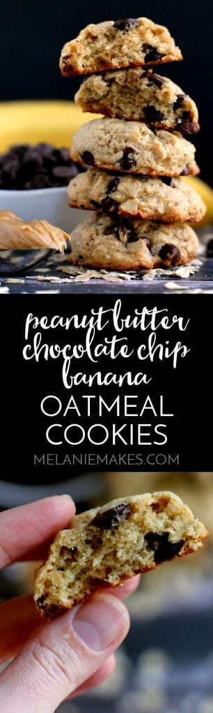 These Peanut Butter Chocolate Chip Banana Oatmeal Cookies are the lightest, fluffiest cookies you’ve ever put in your mouth! All of your favorite cookie ingredients packed into a single cookie.