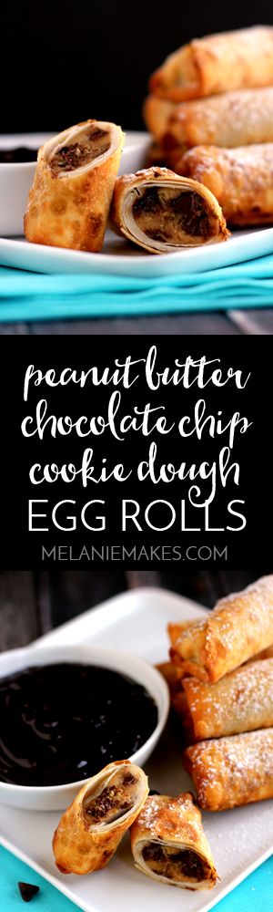 Rich and melty peanut butter chocolate chip cookie dough is wrapped in a crisp egg roll wrapper and sprinkled with powdered sugar. Dipped in chocolate ganache, these Peanut Butter Chocolate Chip Cookie Dough Egg Rolls are the excuse you've been waiting for to enjoy cookie dough, bite after decadent bite.