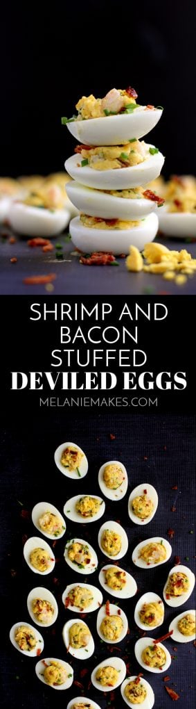 These Shrimp and Bacon Stuffed Deviled Eggs are going to go fast. Double the recipe, my friends. The traditional deviled egg goes upscale with the addition of shrimp and bacon, becoming an instant dinner favorite.