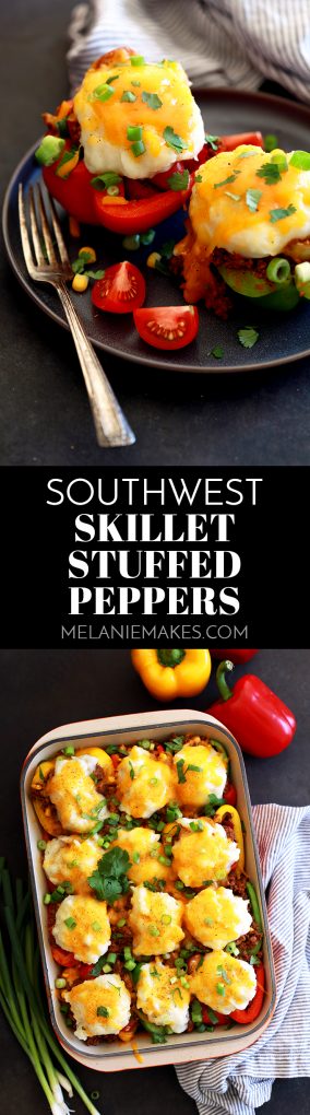 Stuffed peppers in only 30 minutes? Totally possible! These Southwest Skillet Stuffed Peppers are part shepherd’s pie, part stuffed pepper and seasoned like a taco. Topped with a fluffy mound of mashed potatoes and melty cheese, you’ll have a delicious weeknight dinner on the table in no time.