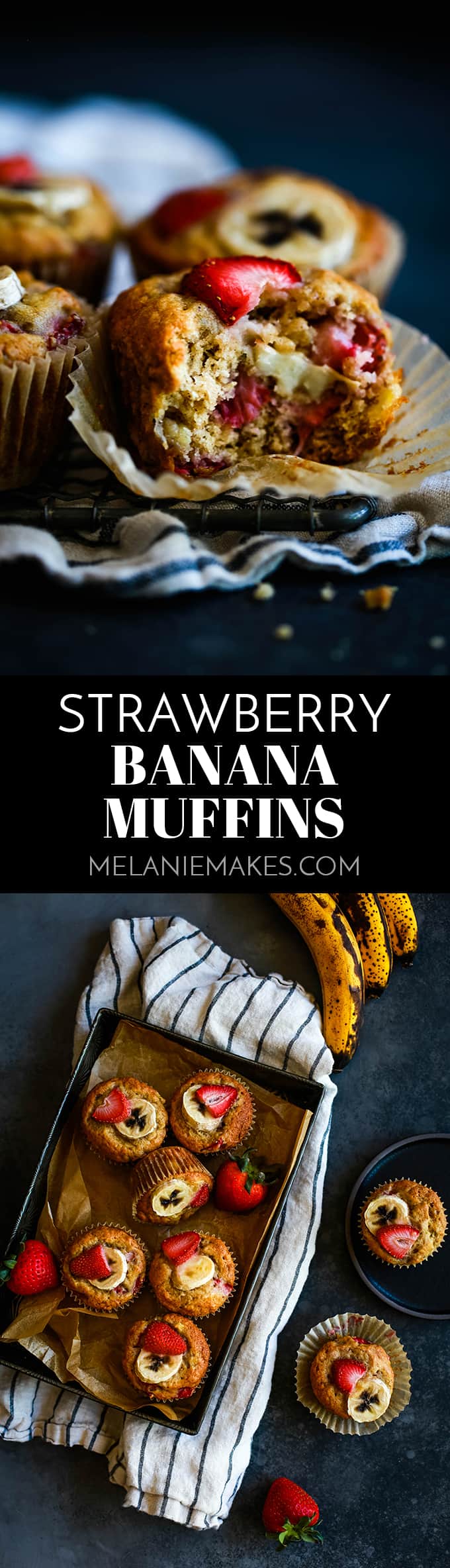 These fluffy Strawberry Banana Muffins take just 15 minutes to prepare and are bedazzled with large pieces of fresh, diced strawberries. #strawberry #banana #muffins #breakfastrecipes #brunch #easyrecipe