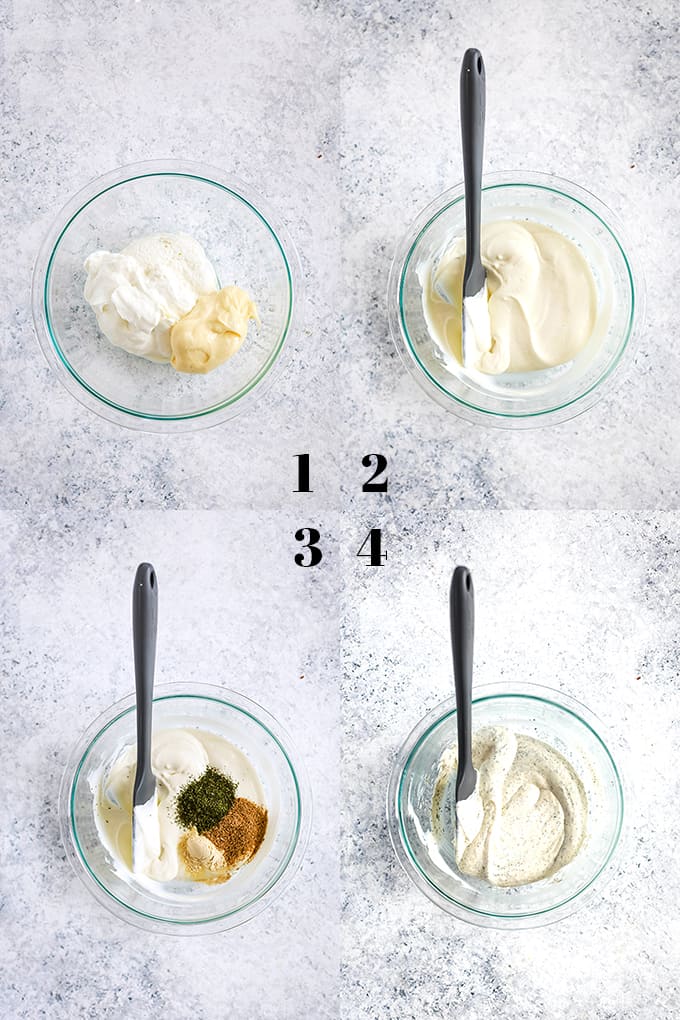 How to prepare Yogurt Dill Vegetable Dip, steps 1-4.